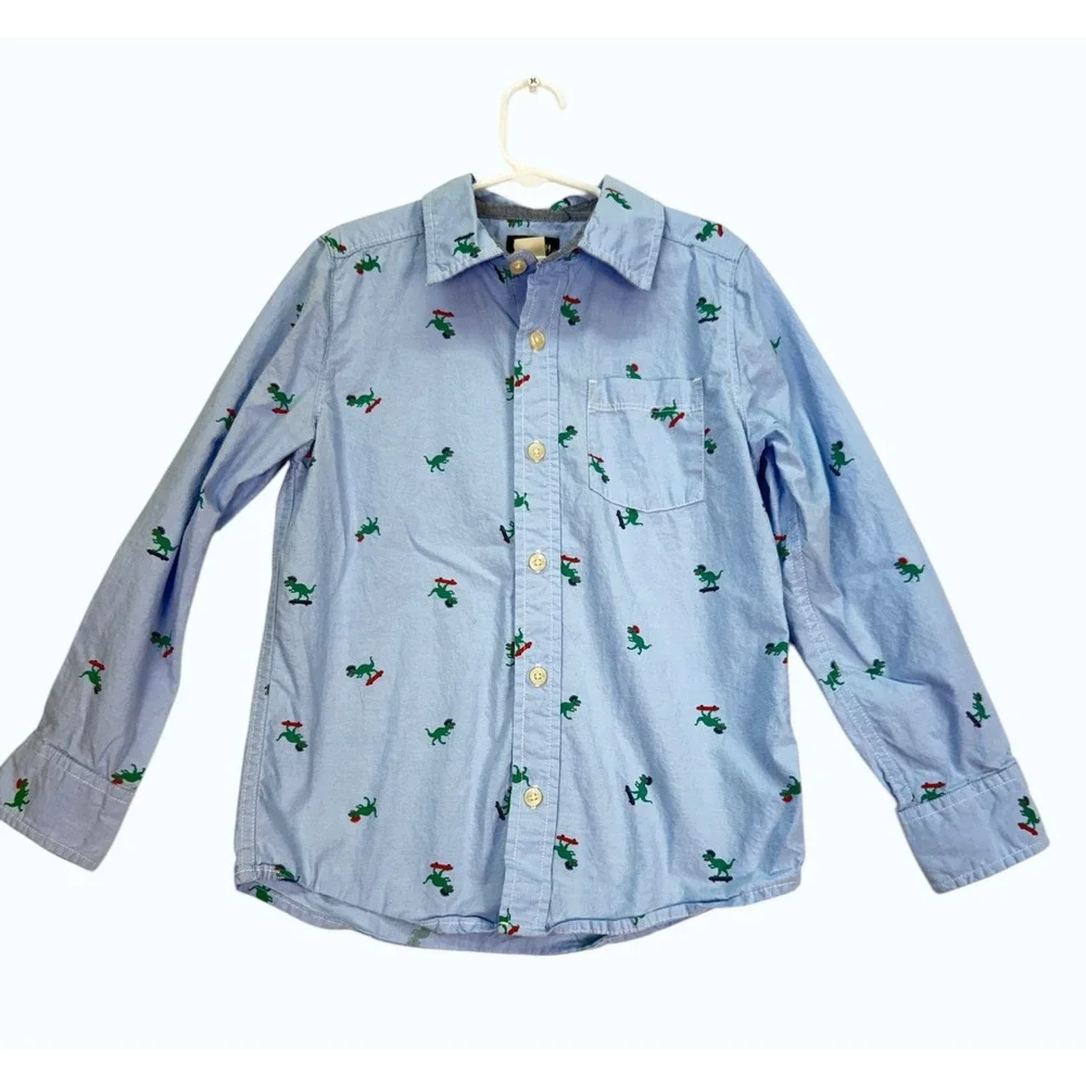 OshKosh Button Down Shirt Kids Size 8 Blue Dinosaur‎ Skateboard Long Sleeve